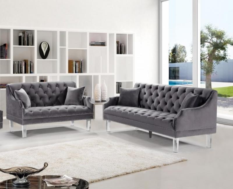 Grey Velvet Button Tufting Sofa & Loveseat Set 2Pcs Meridian Furniture