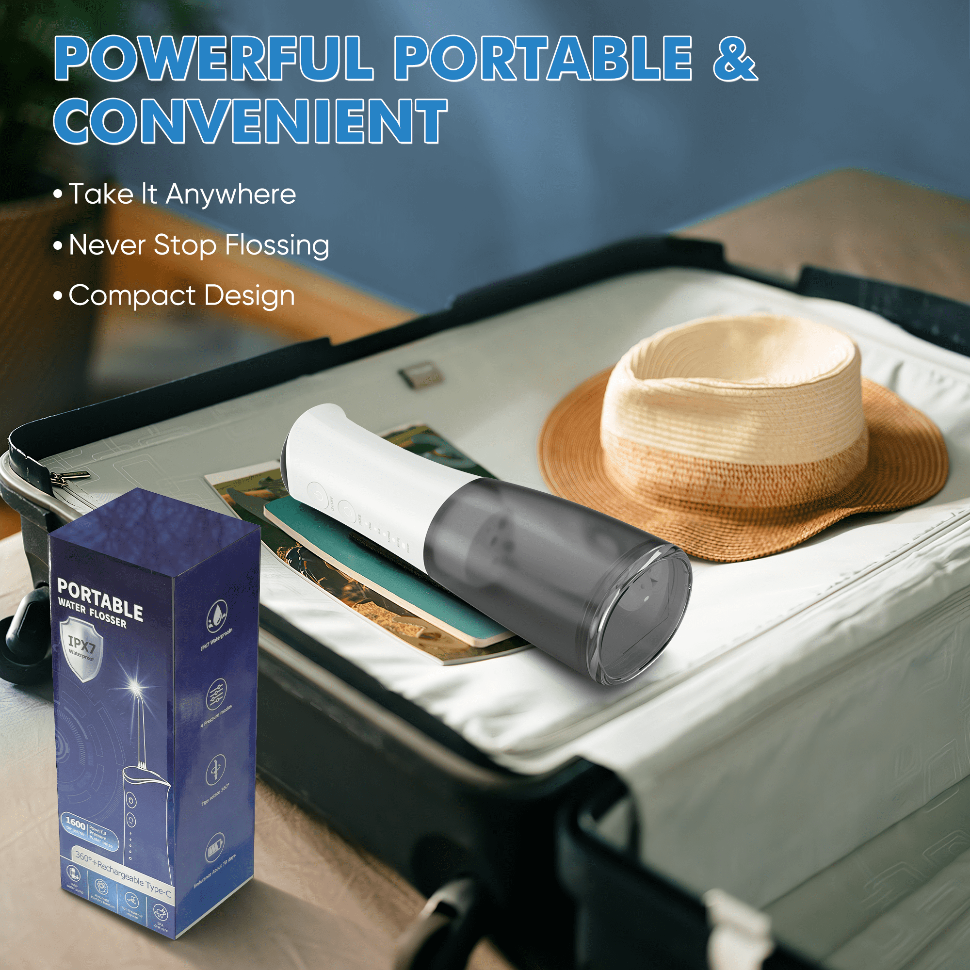 VIIWII Portable Water Flosser – 360ML Oral Irrigator for Teeth & Braces, IPX7 Waterproof, Rechargeable Dental Cleaner with 5 Nozzles, White