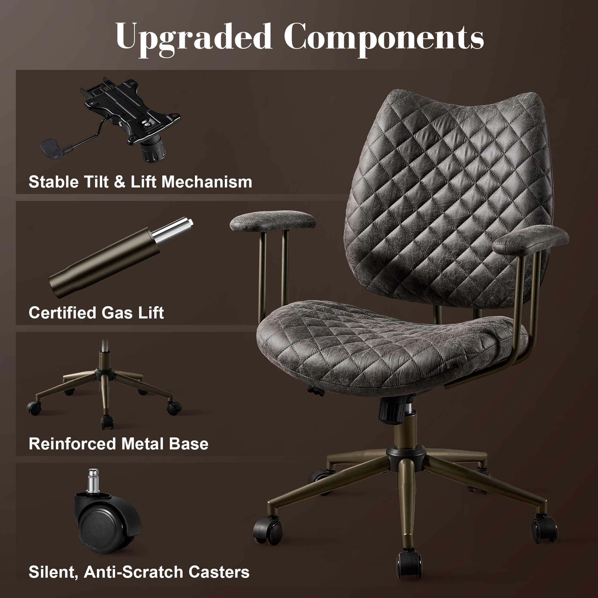 Toject Leather Office Chair, Mid Back Home Office Chair with Lumbar Support, Ergonomic Computer Chairs, Executive Desk Chairs with Thickened Cushions, Task Chairs for Office, Suede Leather, Gray