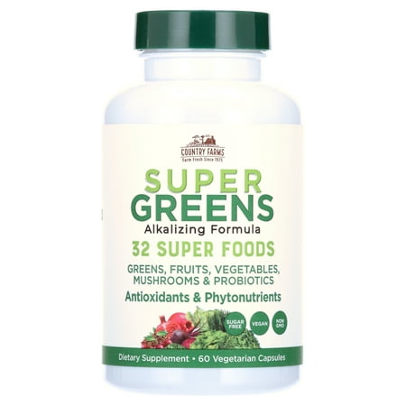 Country Farms Super Greens Vegicaps, 32 Super Foods, Whole Food Supplement, Greens, Fruits, Vegetables, Mushrooms & Probiotics, Rich in Antioxidants & Phytonutrients, 60 Count, 30 Servings