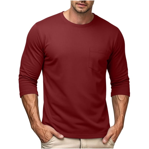 Fmbrln Men's 3/4 Sleeve Shirts Crew Neck Solid Color T Shirts Fall Casual Pullover Tops with Pocket Wine S