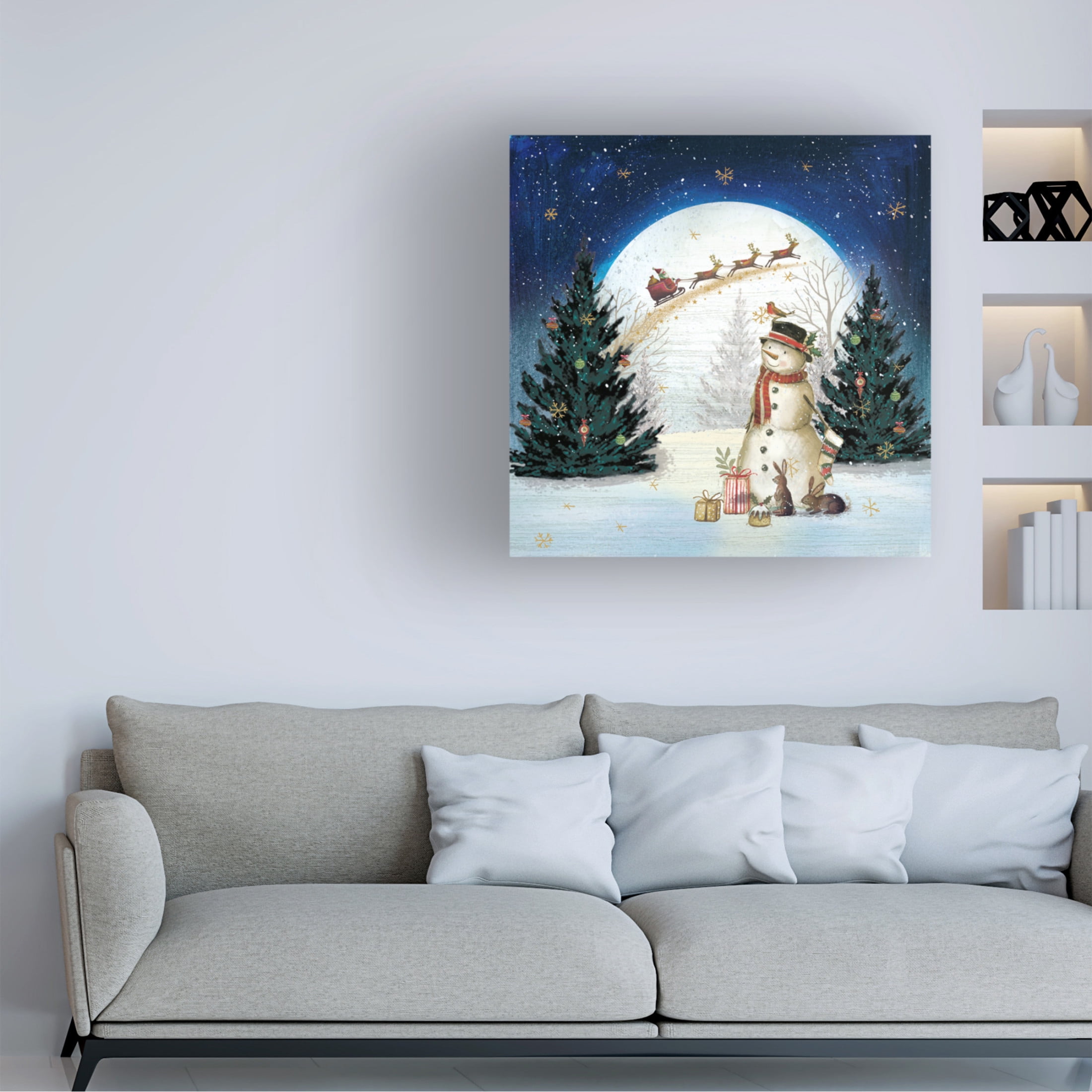 Canvas Wall Art - Paper Dove Co Ltd 'Snowman Moonlit Night' Wall Art for Living Room, Bedroom, or Office Décor by Trademark Fine Art - 24 x 24 Inches