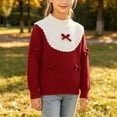 thumbnail image 7 of Little Girls Wavy Cable Knit Scalloped Collar Multi Bow Sweater Long Sleeve Crew Neck Holiday Soft Fall Winter Kids Pullover Red 7-8 Years, 7 of 7