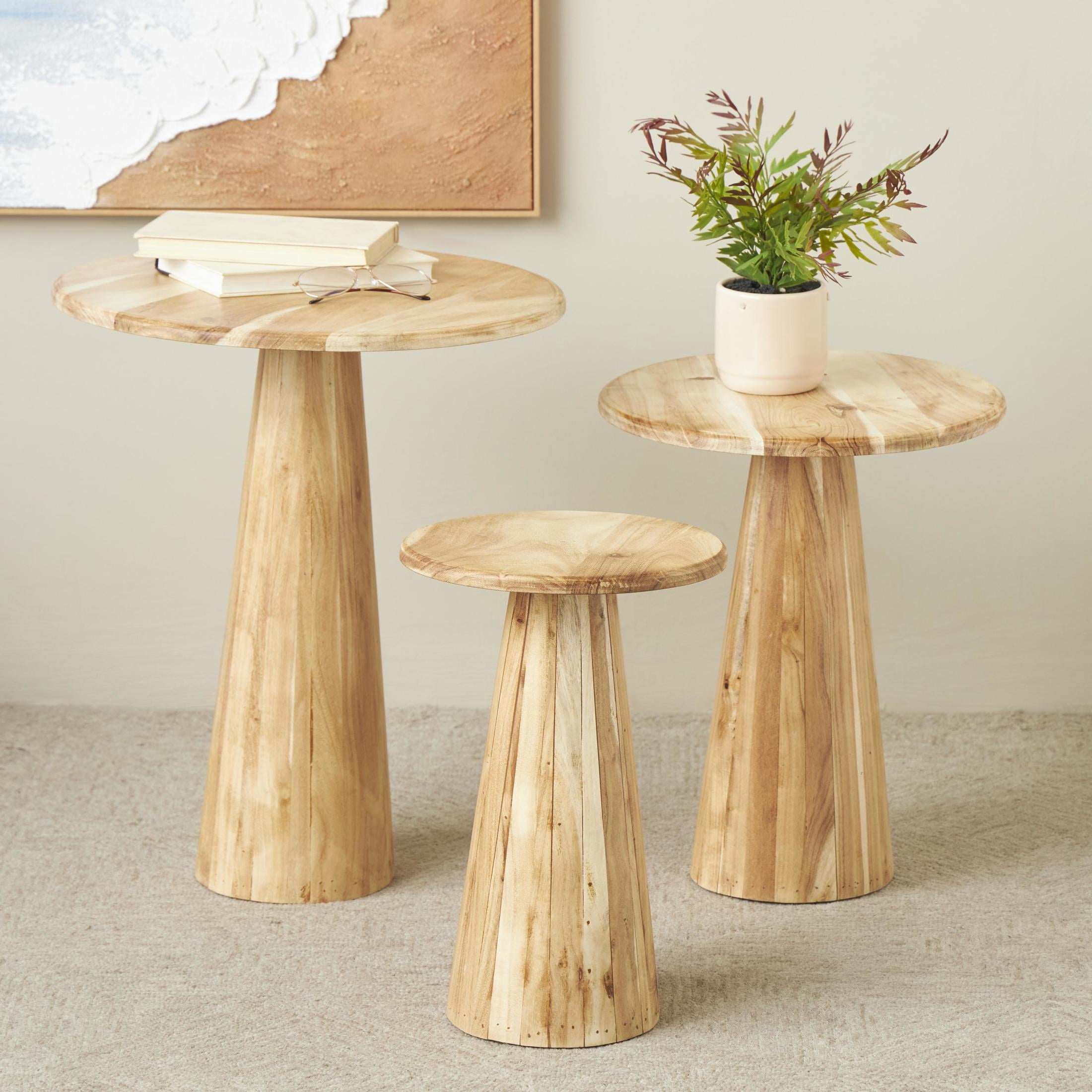 DecMode 20" x 24" Light Brown Wood Accent Table with Natural Wood Grains and Cone Shaped Bases, 3-Pieces