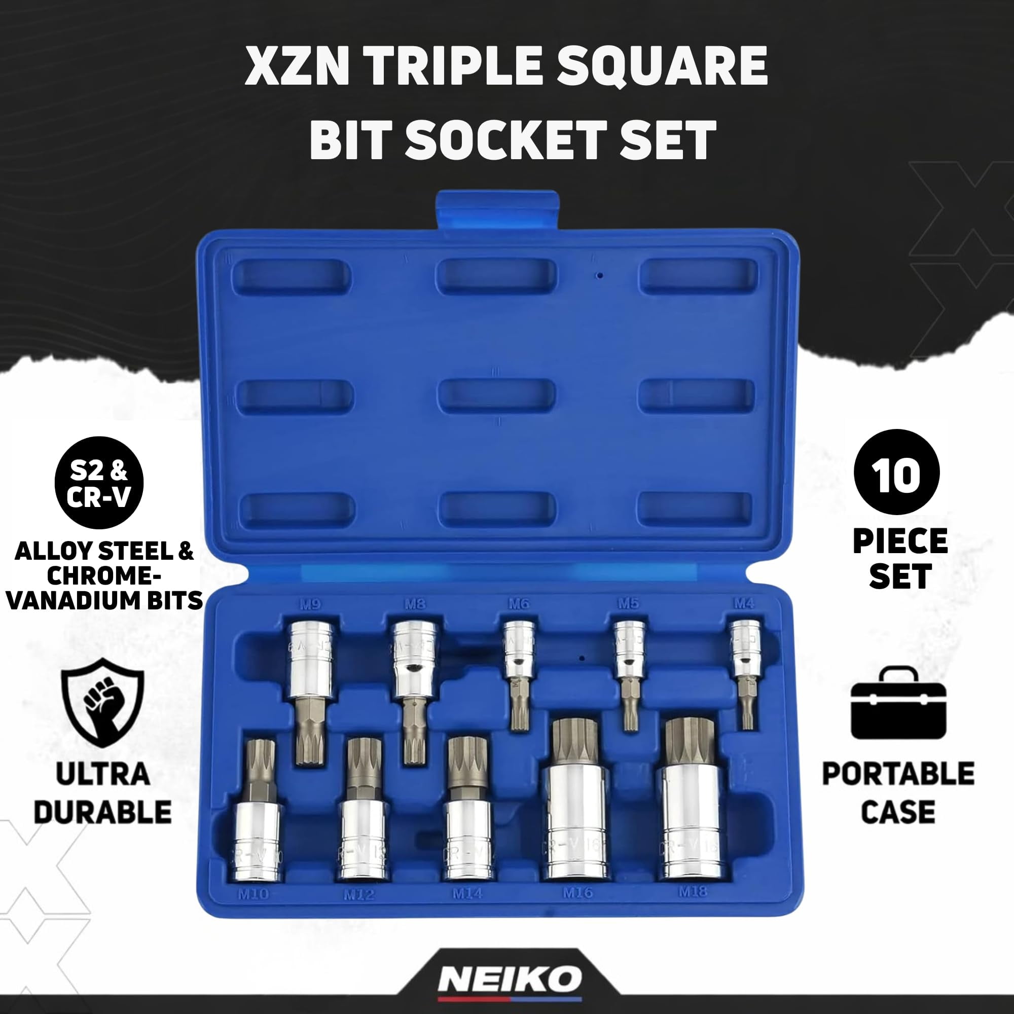 NEIKO 10056A 1/4-Inch, 3/8-Inch & 1/2-Inch Drive XZN Triple Square Spline Bit Socket Set | 10 Piece Set | Cr-V Sockets and S2 Steel Bits