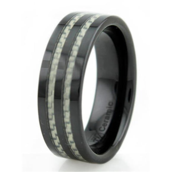 Black Ceramic Mens Ring with White Carbon Fiber Inlay - Size 10