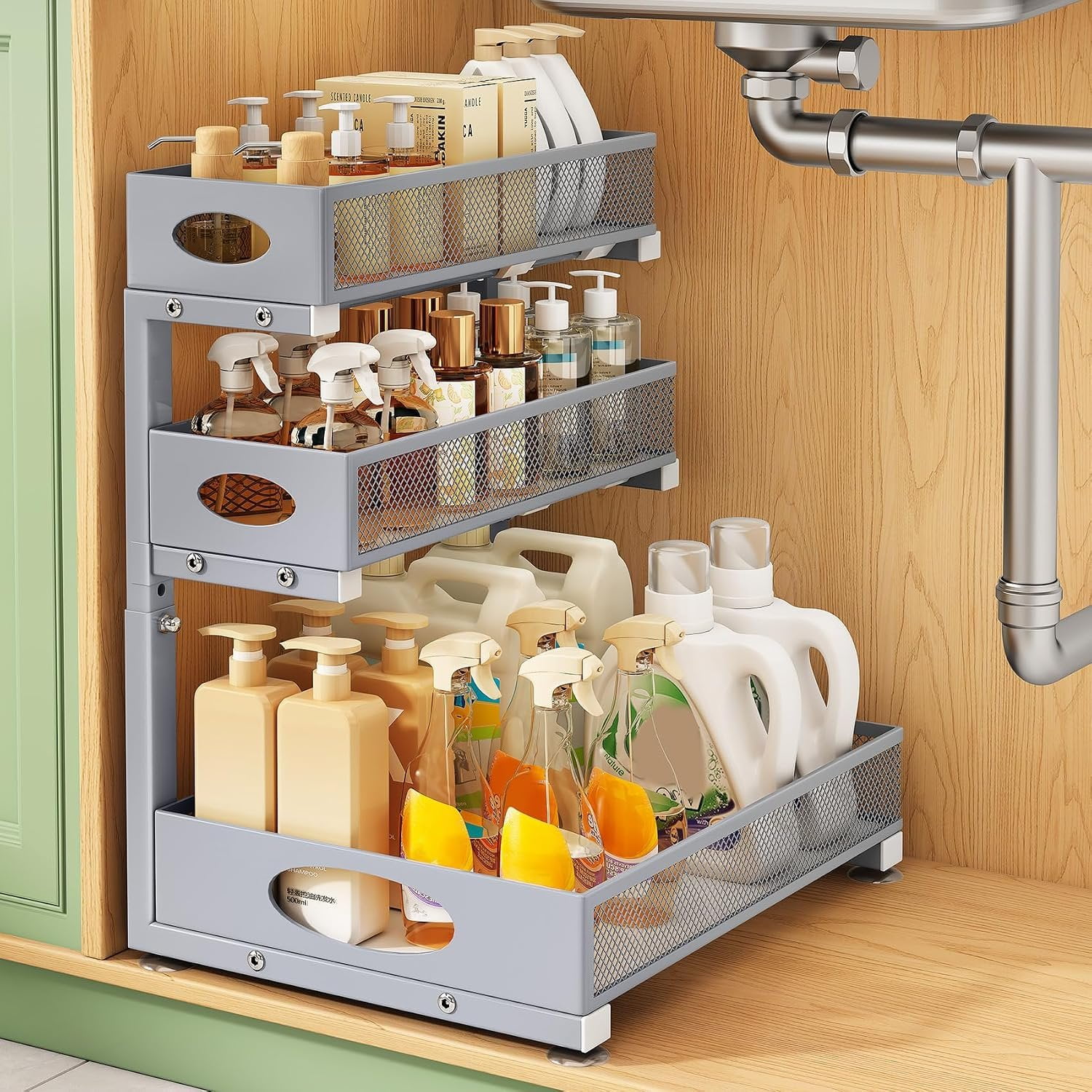 Under Sink Organizer 3-Tier Slide Out Drawer 1-Pack Grey | Height Adjustable Metal Mesh Storage Rack Pull out Cabinet Organizer Shelf for Bathroom Kitchen Pantry Organization
