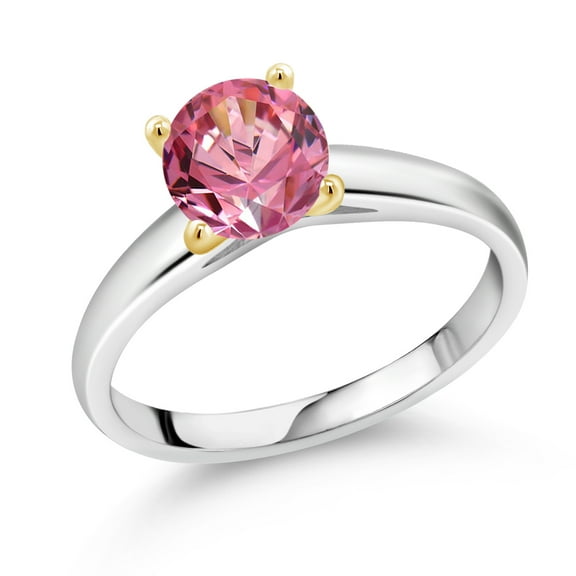 Gem Stone King 10K White and Yellow Gold Ring Solitaire Ring Set With 7mm Round Fancy Pink Zirconia (Size 8)