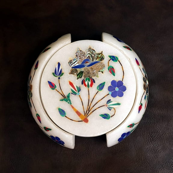 Marble Coaster Set With floral Stone Design Décor Gifts