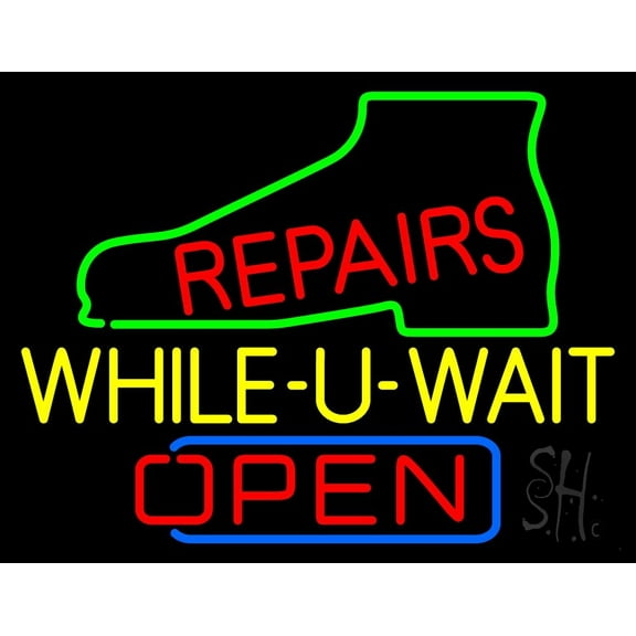 Shoe Repairs While You Wait Red Open LED Neon Sign 24 x 31 - inches, Black Square Cut Acrylic Backing, with Dimmer - Bright and Premium built indoor LED Neon Sign for store interior Décor, Storefront.