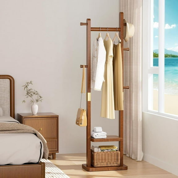 Solid Wood Coat Rack Clothes Rack, Coat Rack Freestanding with 2 Shelves and 5 Hooks, Heavy Duty Coat Tree for Entryway, Living room, Coat Hanger Stand for Hats, Bags Clothes(Walnut Brown)
