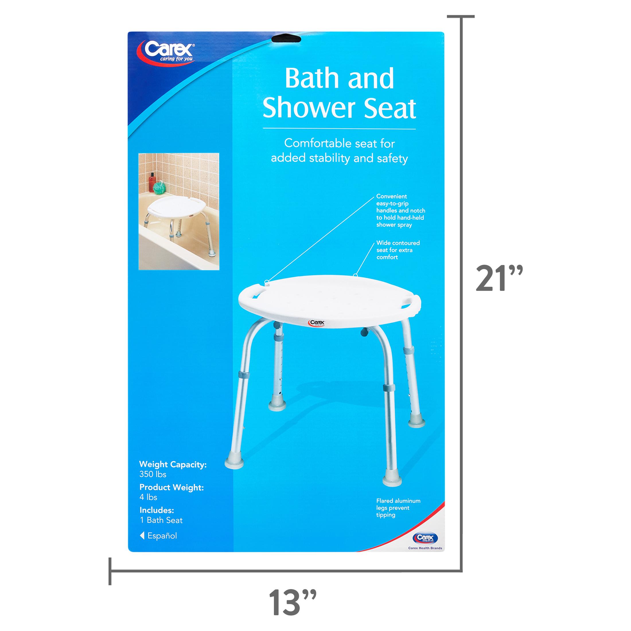 Carex Aluminium Bath and Shower Chair with Height Adjustable Legs, Built-in Notch, 300 lb Capacity - image 4 of 10