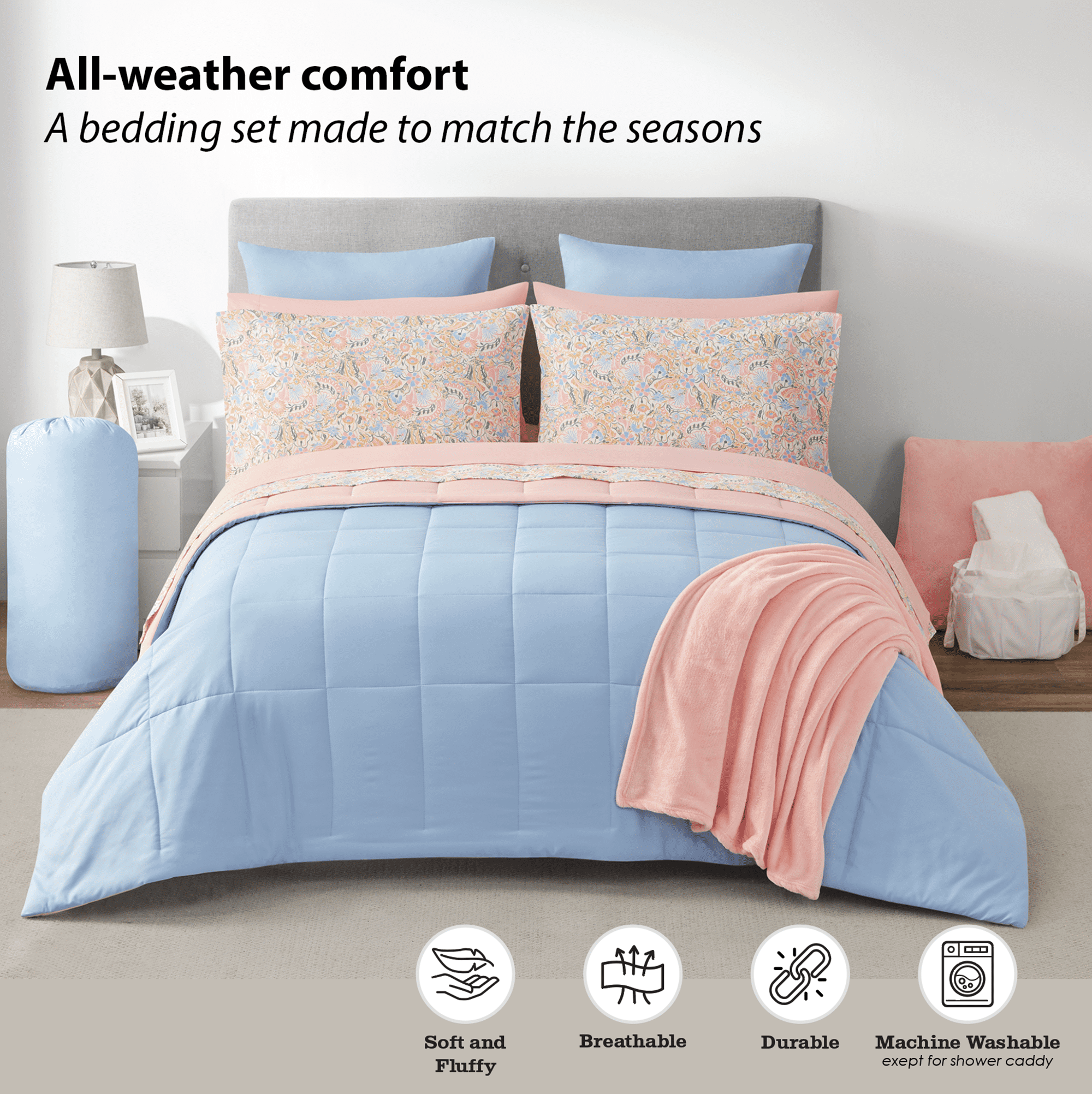 17pc College Dorm Essentials Bundle, Full, Reversible Bed in a Bag Comforter Set, Light Blue and Pink