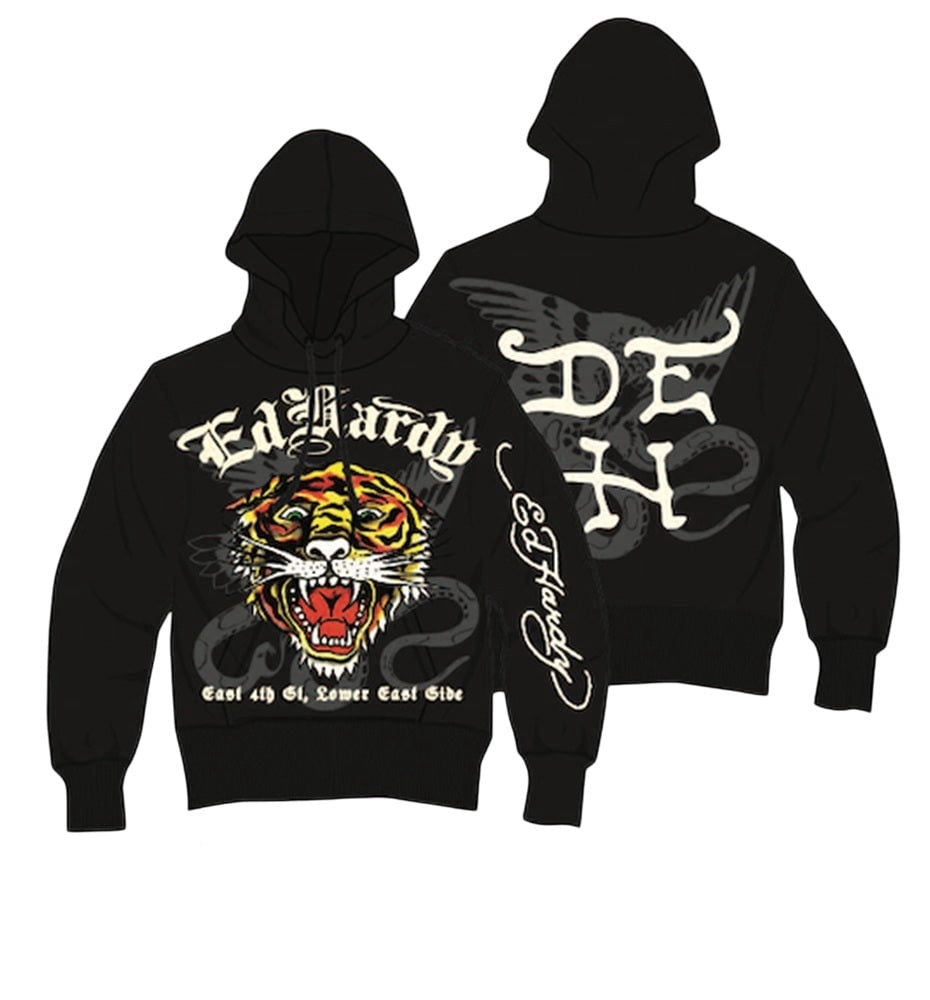 Ed Hardy Luxury Fleece Rhinestone Tiger Hoodie, 100% Cotton 