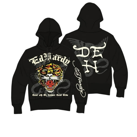 Ed Hardy Men's Tiger Head Rhinestone Hoodie - EHM1300-85RS (Black, S)