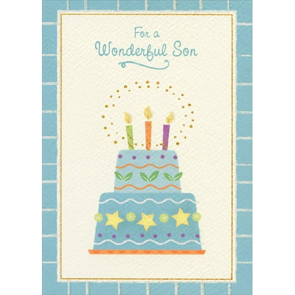 Designer Greetings Two Tiered Blue Cake with Blue Border Birthday Card for Son