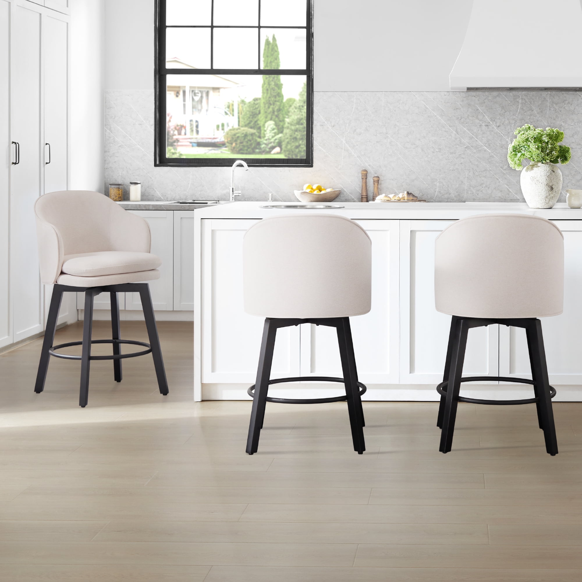 Spruce & Spring Counter Height Swivel Bar Stool with Curved Back and Arms Single, Beige, Fabric