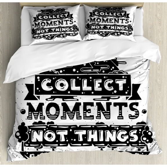 Saying Duvet Cover Set King Size, Collect Moments Not Things Calligraphy in a Monochrome Layout Floral, Decorative 3 Piece Bedding Set with 2 Pillow Shams, Charcoal Grey White, by Ambesonne