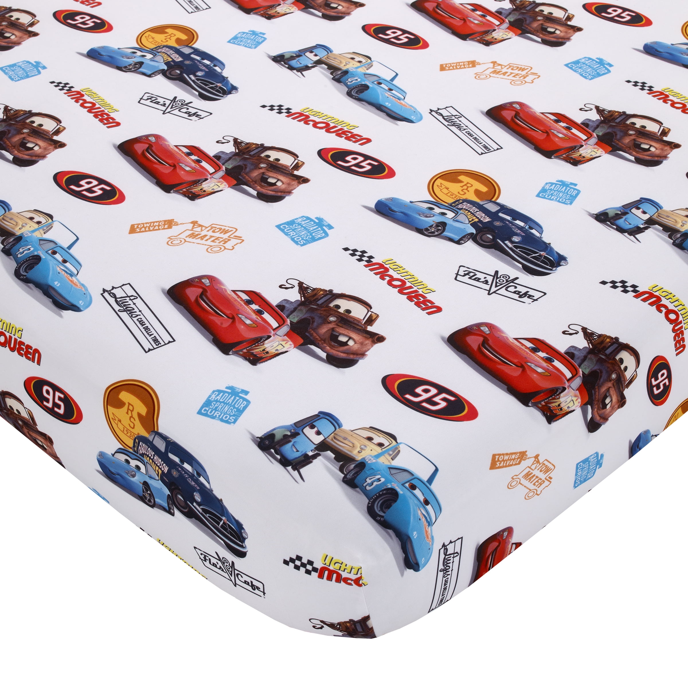 Disney Cars Radiator Springs 4 Piece Toddler Bedding Set, Red, Blue - Comforter, Top Sheet, Fitted Sheet, Pillowcase, Polyester