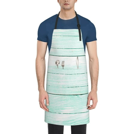 

Xecao Flowers And Turquoise Wooden Print Kitchen Cooking Aprons Waterproof Adjustable Bib Aprons with 2 Pockets for Women Men Chef