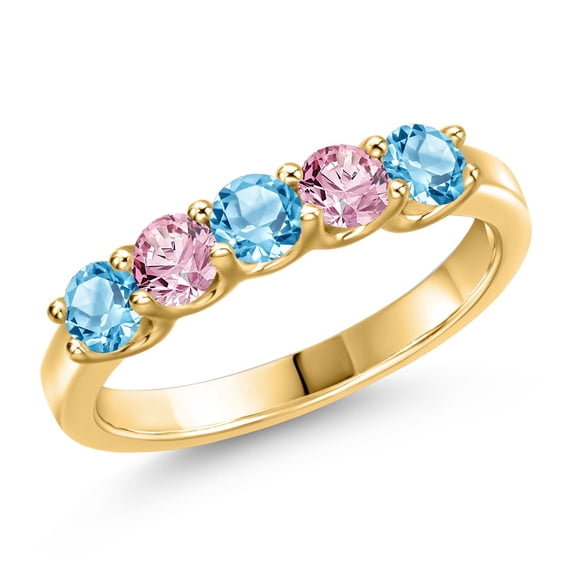 Gem Stone King 18K Yellow Gold Plated Silver Swiss Blue Topaz and Pink Lab Grown Diamond Wedding-Bands Ring for Women | 0.96 Cttw | Round 3.5MM | Gemstone November Birthstone | Size 6