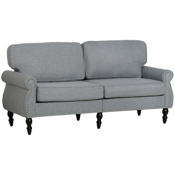 HOMCOM Traditional Style Double Sofa, 2 Seater Nail Head Accent Loveseat, Light Grey, Sponge Padding and Rubber Wood Leg, Living Room, Dining Room, Bedroom, Office