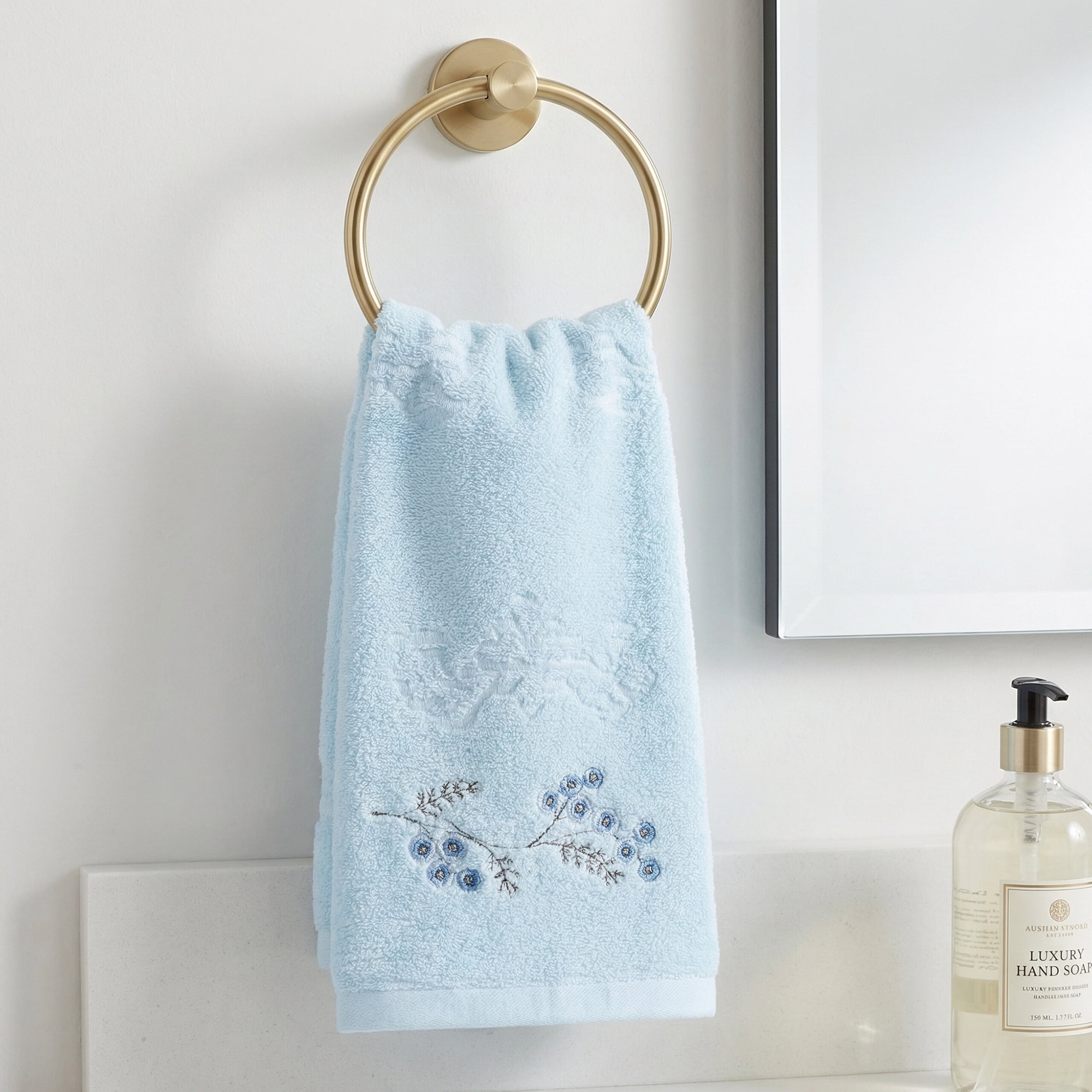 Unique Bargains Soft Absorbent Floral Cotton Hand Towels Blue 29" x 13"