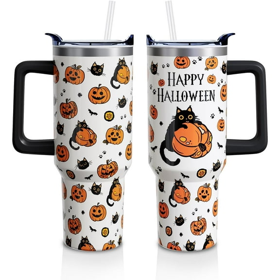 Happy Halloween Cup Gifts for Women Men, Black Cat 40oz Tumbler with Handle and Straw, Holiday Pumpkin Stainless Steel Insulated Water Bottle (1 PC)
