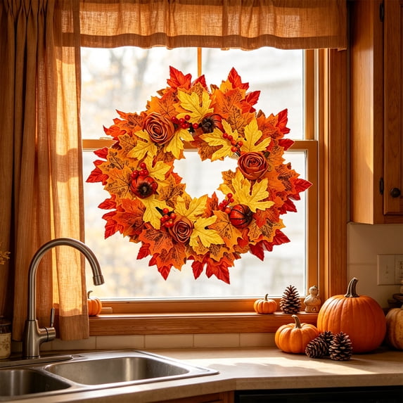 21 Inch Harvest Fall Wreaths for Front Door with Pumpkin & Daisy, Artificial Plastic Autumn Leaf Wreaths - Indoor Outdoor Weatherproof Thanksgiving Halloween Farmhouse Front Door Decor