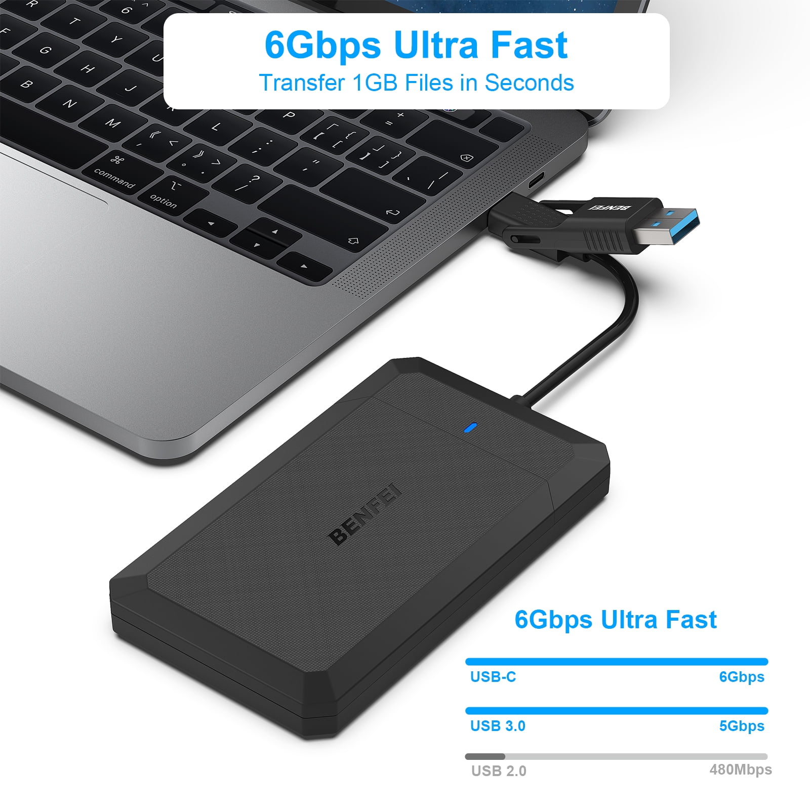 BENFEI 2.5 inch SATA to USB tool free external hard drive enclosure, USB C/A to Sata compatible for 2.5” SSD(optimized for SSD, support UASP SATA III)