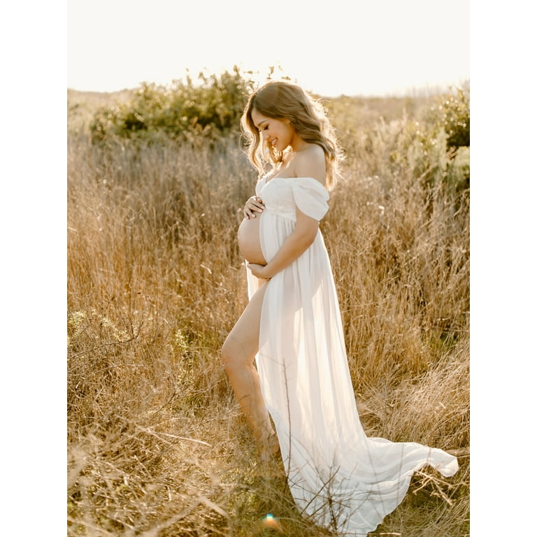 JustVH Women s Maternity Dress for photography Off Shoulder Split Front Chiffon Gown Maxi Pregnancy Dresses for Photoshoot