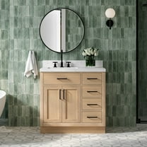 ARIEL Hepburn 36" Inch Bathroom Vanity with Sink, American Oak Solid Wood, Carrara White Quartz Countertop 1.5 inch Edge, Left Rectangular Single Sink, 2 Soft Closing Doors and 5 Drawers