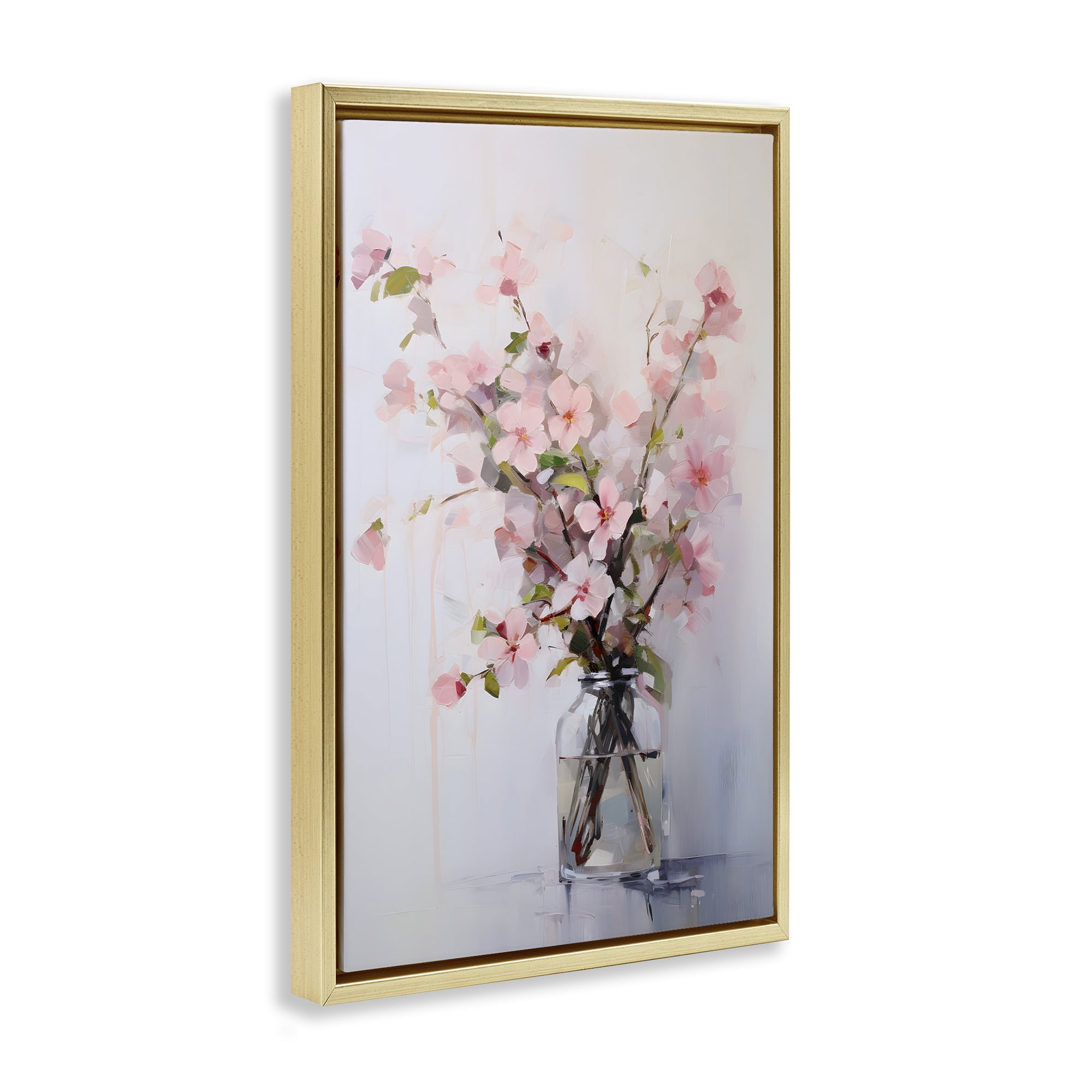 Stupell Industries Soft Sakura Vase Botanical & Floral Painting Gold Floater Framed Art Print Wall Art, 17 x 25