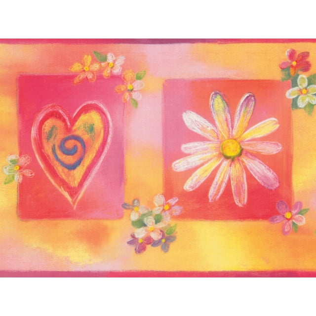 Carrés Verts Rouges avec des Fleurs de Coeurs Peinture de Bordure de Papier Peint pour Enfants par Conception, Rouleau 15' x 9"