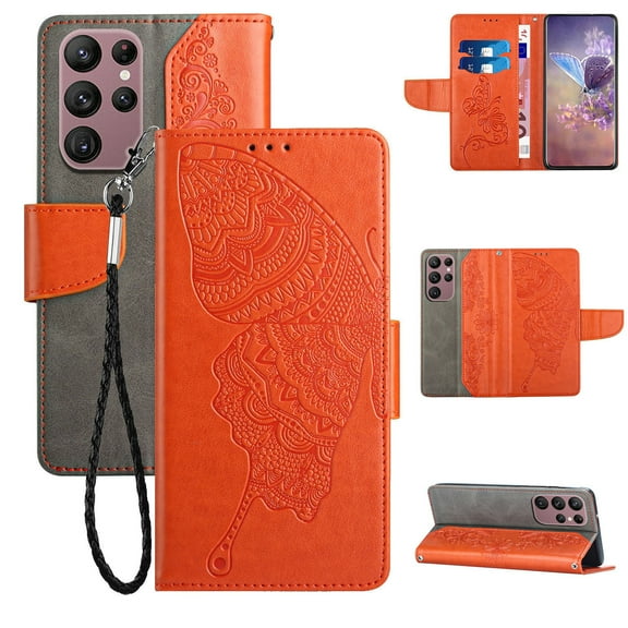 Wallet Case for Samsung Galaxy S23 Ultra, Butterfly Embossed Pattern Luxury PU Leather Magnetic Flip Folio Cover with Card Slots Holder Kickstand Wrist Strap Soft Silicone Shockproof Case,Orange