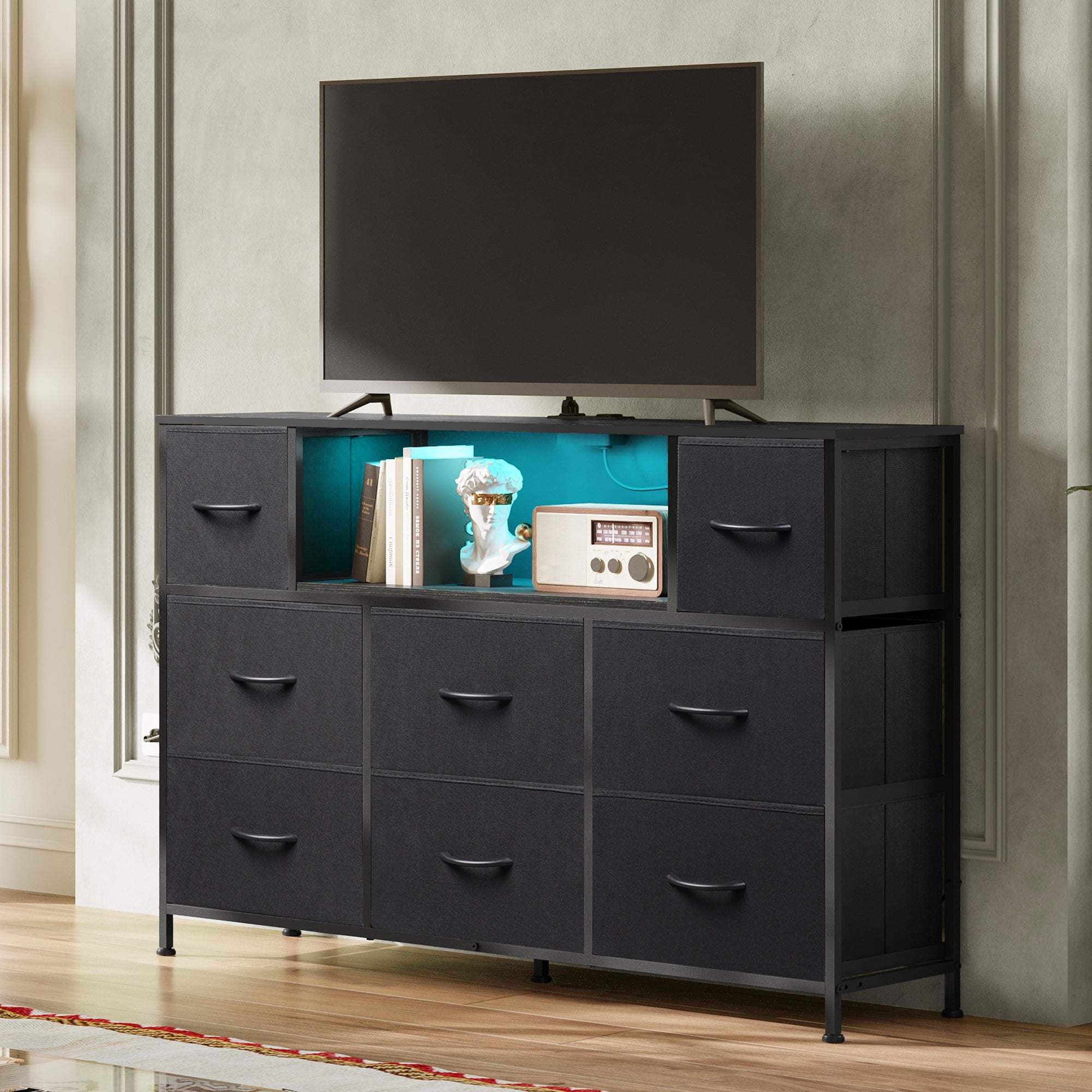 GALAXHERO 8-Drawer Dressers for Bedroom, Dresser TV Stand for 55'' TV with LED Lights and Power Outlets, Fabric Chest of Drawers for Living Room, Entryway, Black
