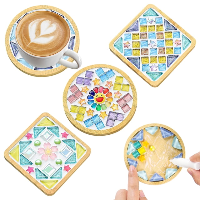 Juego de posavasos UXORSN para bricolaje con mosaicos de vidrio, 4 unidades, con bases de bambú