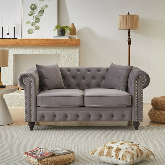 63.5" Chesterfield Loveseat Sofa, Comfy Velvet Cloud Couch with Rolled Arms, Nail and Buttons, Modern 2-Seater Tufted Corner Couch for Living Room, Gray