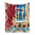 thumbnail image 1 of Coastal Soft Flannel Fleece Throw Blanket, Italian Design Mediterranean House with Greek Windows Print, Cozy Plush for Indoor and Outdoor Use, 70" x 90", Pale Brown Navy Blue, by Ambesonne, 1 of 6