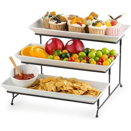 3 Tier Serving Trays Stand 14 Inches Serving Platters Rectangular Large Halloween Serving Plates for Party Display Set Collapsible Sturdier Rack, Christmas Serving Trays and Platters