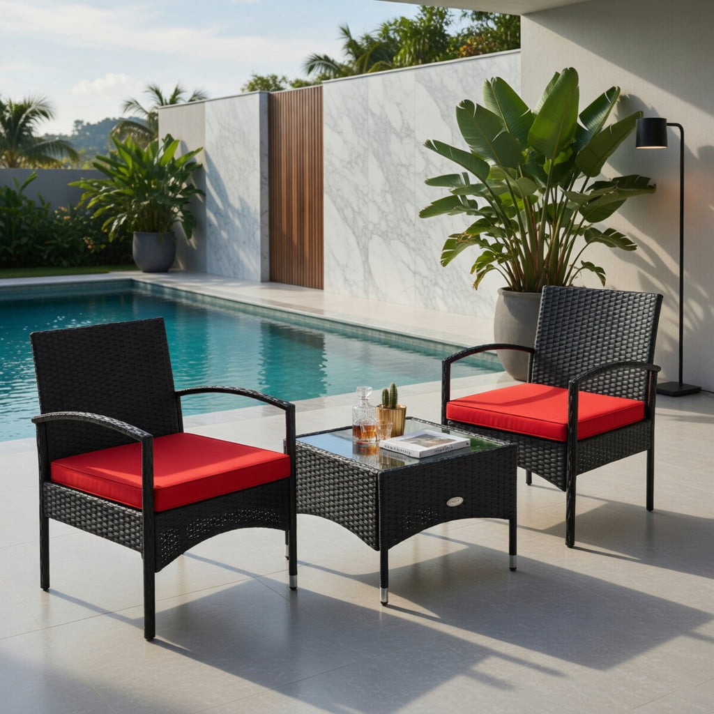 Hommoo 3-Piece Outdoor Wicker Patio Furniture Set with Weather-Resistant Cushions, Rattan Chairs & Table for Backyard, Garden, Patio, Red