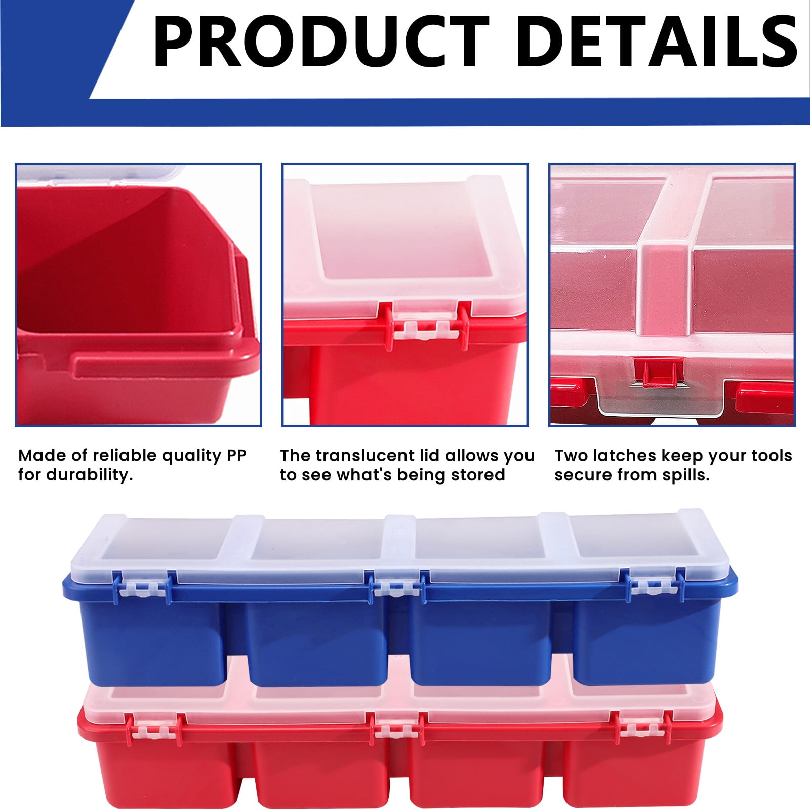 4 Pack Plastic Screw Organizer Box, 4 Compartments Bolt Bin with Lid, Stackable Hardware Storage Case for Garage Organization Parts Nail Workbench (Blue, Red)