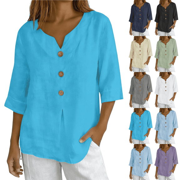Womens Cotton Linen Tops 3/4 Sleeve V Neck Button Down Henley Shirts for Women Casual Loose Summer Vacation Beach Blouse