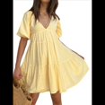 thumbnail image 1 of Vestido Mini de Corta Abullonada para Mujer, Fluido, Estilo Y2K, con Volantes, Ribete de Encaje, Lazo Frontal, Bordado, Corte A Amarillo L, 1 of 10