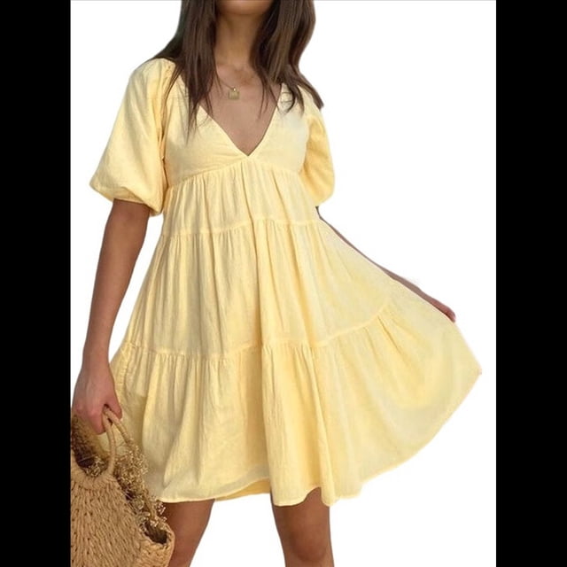 Vestido Mini de Corta Abullonada para Mujer, Fluido, Estilo Y2K, con Volantes, Ribete de Encaje, Lazo Frontal, Bordado, Corte A Amarillo L