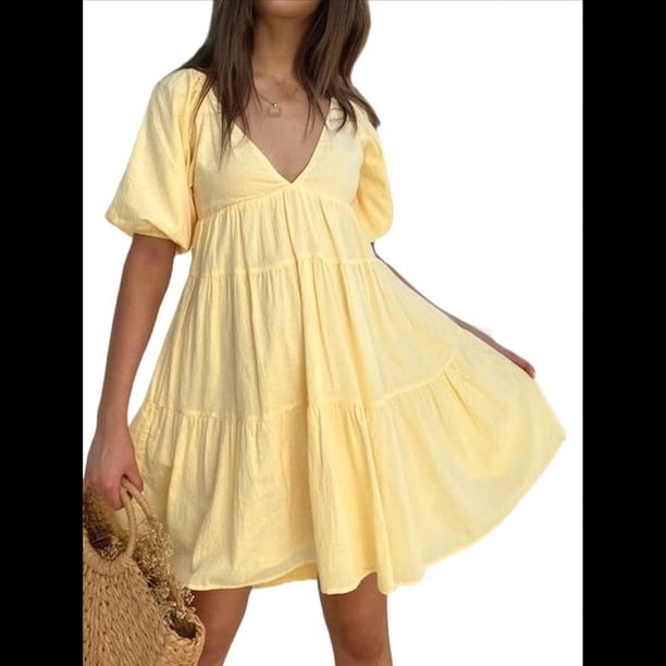 Vestido Mini de Corta Abullonada para Mujer, Fluido, Estilo Y2K, con Volantes, Ribete de Encaje, Lazo Frontal, Bordado, Corte A Amarillo S