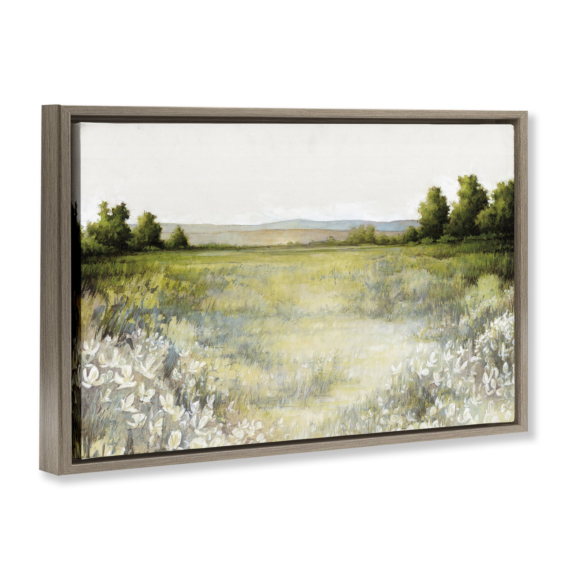 Stupell Industries White Flowers Meadow Landscape & Nature Painting Brown Floater Framed Canvas Art Print Wall Art, 31 x 21