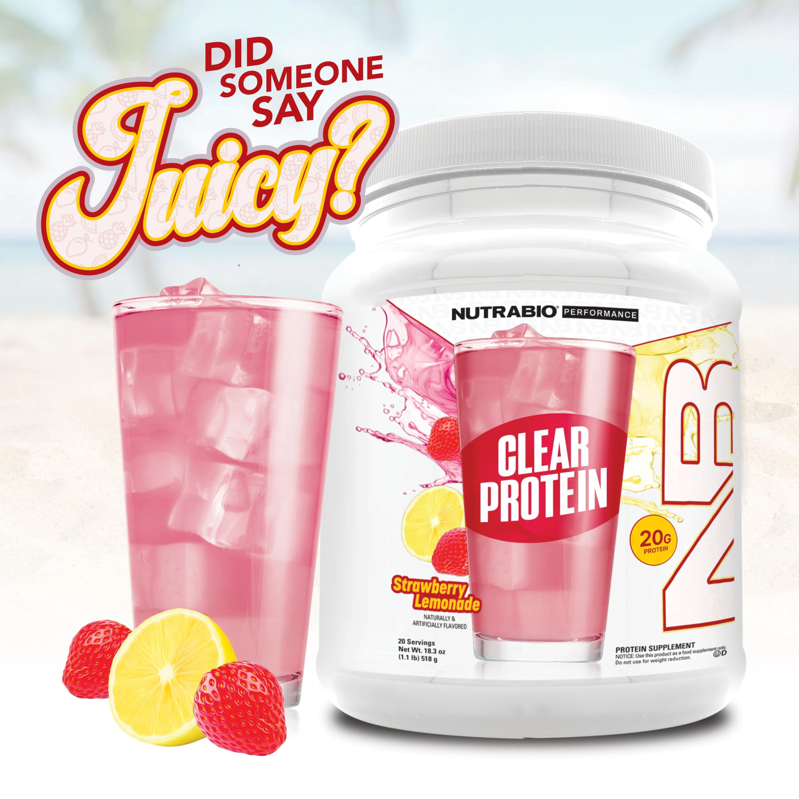 NutraBio Clear Whey Isolate Protein Powder, Delicious & Refreshing Fruit Flavors, Protein Juice, No Milky Taste, No Foam, Zero Sugar, Strawberry Lemonade, 20 Servings