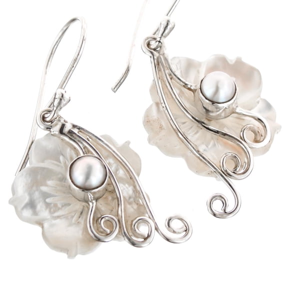 White Mother Of Pearl Shell Flower Freshwater Cultured Pearl 925 Sterling Silver Earrings, 13/16"
