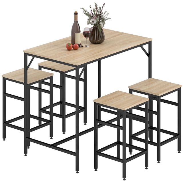 5-Piece Industrial Bar Table Set with 4 Stools, Oak Wood & Black Steel Rectangular Breakfast Table for Kitchen, Dining Room or Small Apartment, Space-Saving Design, 39.4" W